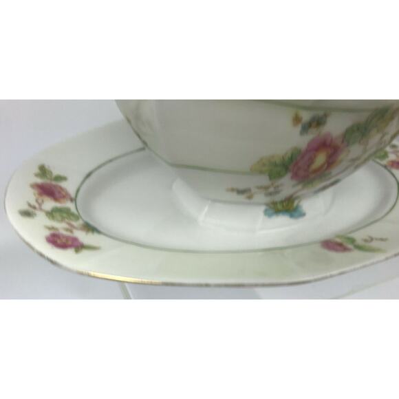 Victoria China Czechoslovakia Gravy Boat With Attached Underplate Pink Roses - Picture 4 of 12